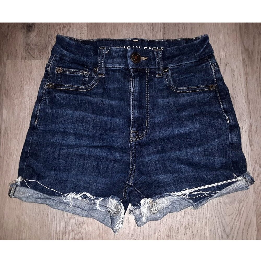 American Eagle Curvy Hi Rise Shortie Jean Shorts 00 Distressed Denim Dark Wash